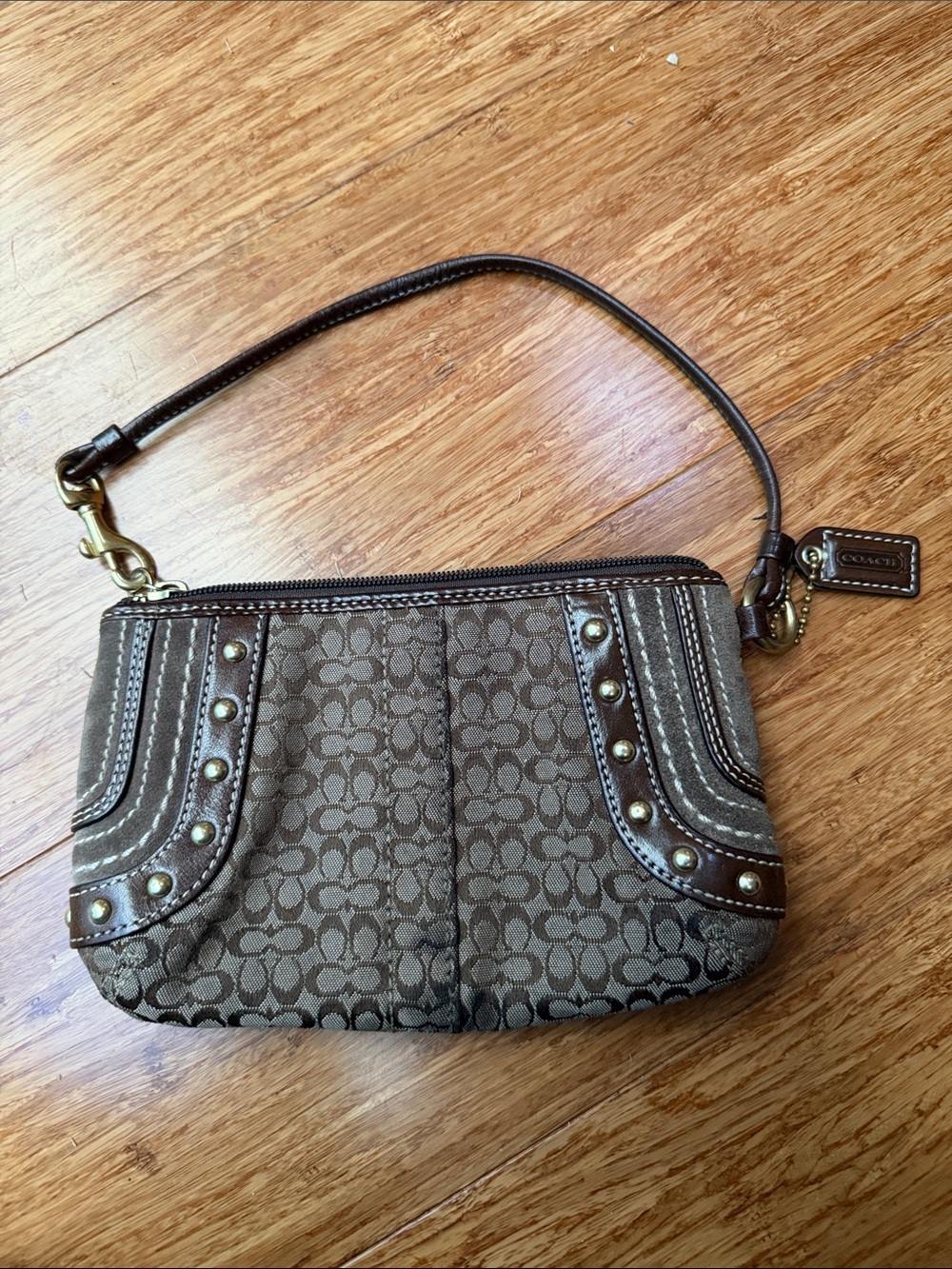 Coach Brown Signature Canvas Wristlet with Stud Trim